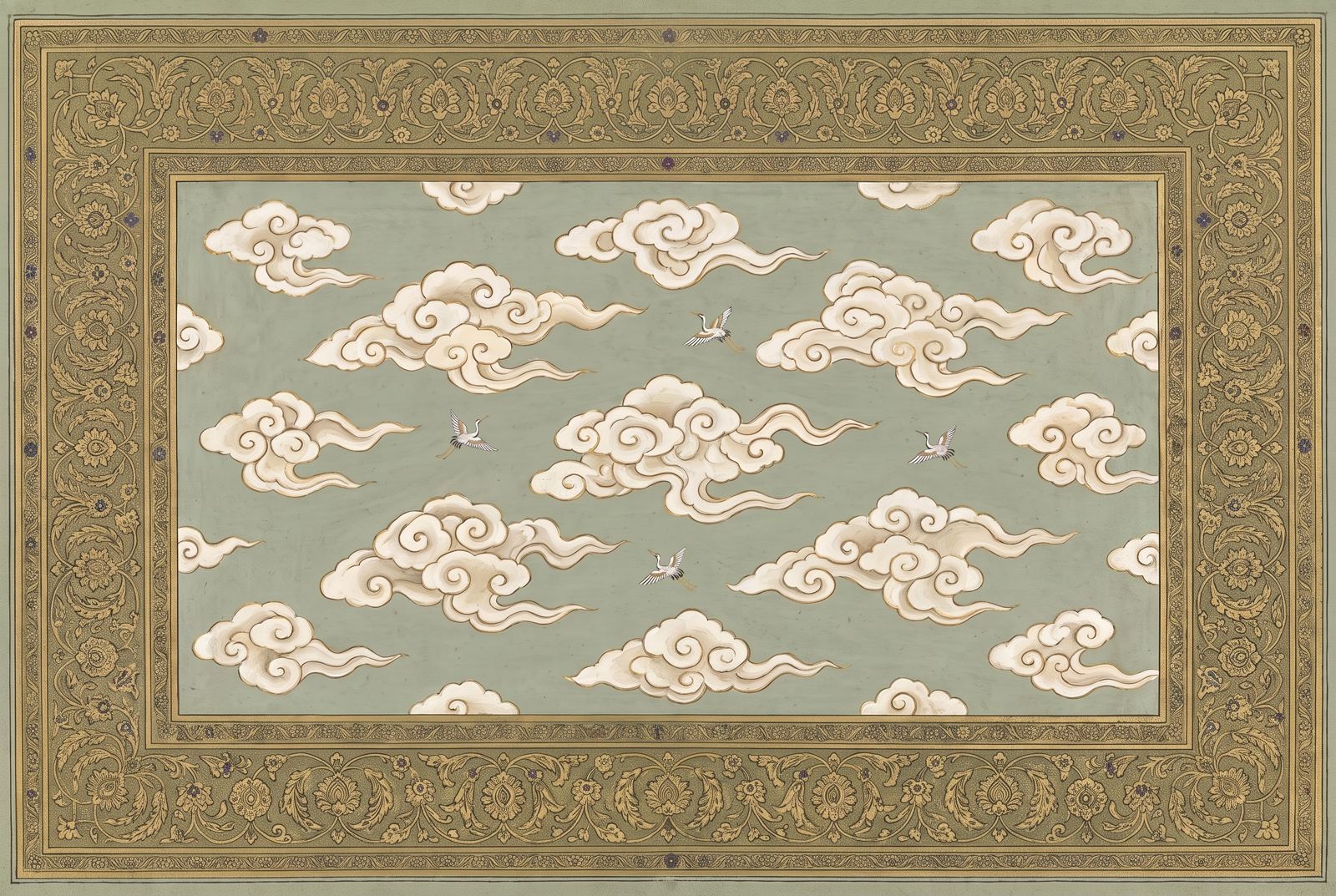 Voyage of Clouds — Indian miniature style ceiling mural of scroll clouds and cranes on a sage green sky